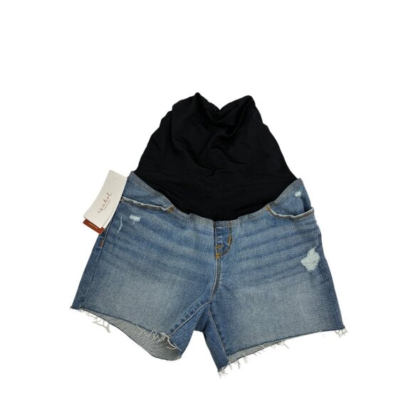 Isabel Maternity Womens Size 2 Denim Shorts Blue Distressed Over Belly Band - Picture 1 of 6